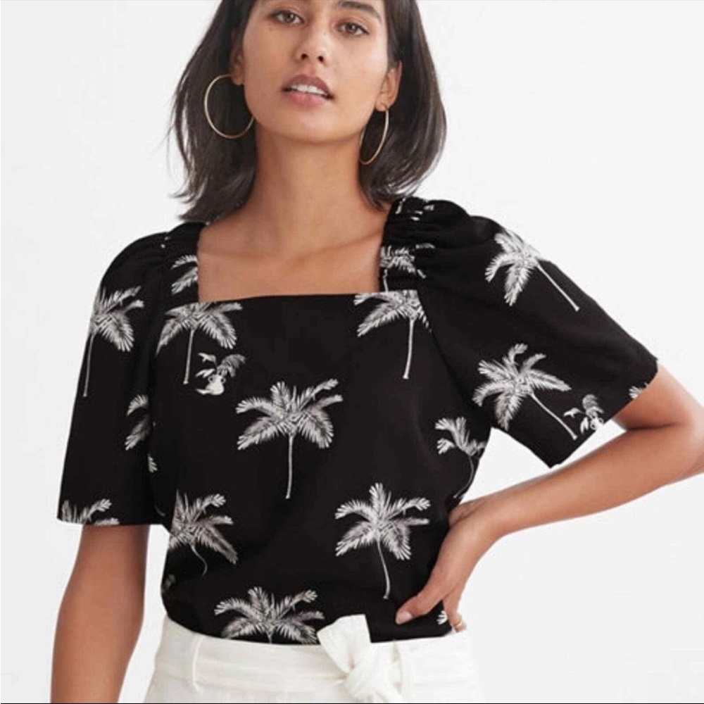 Ann Taylor Black and White Palm Print Blouse